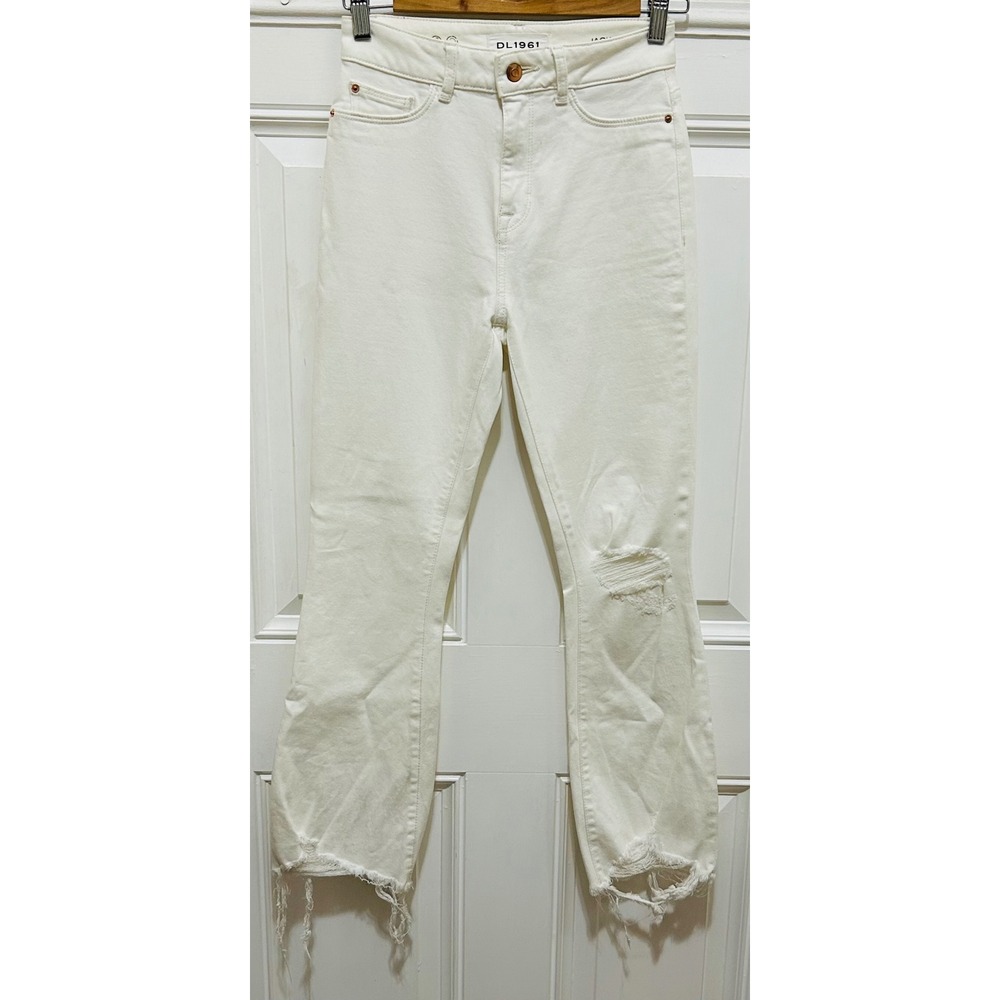 DL1961 Jackie High Rise Cropped Flare Jeans White‎ Distressed Raw Hem Size 25